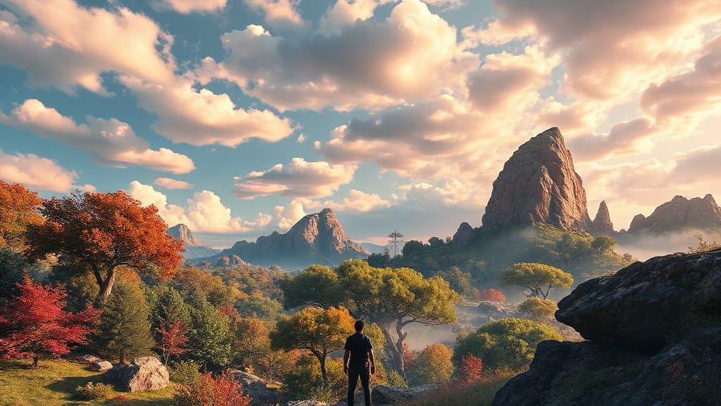 Surreal Fantasy Landscape Unfolds Before a Figure