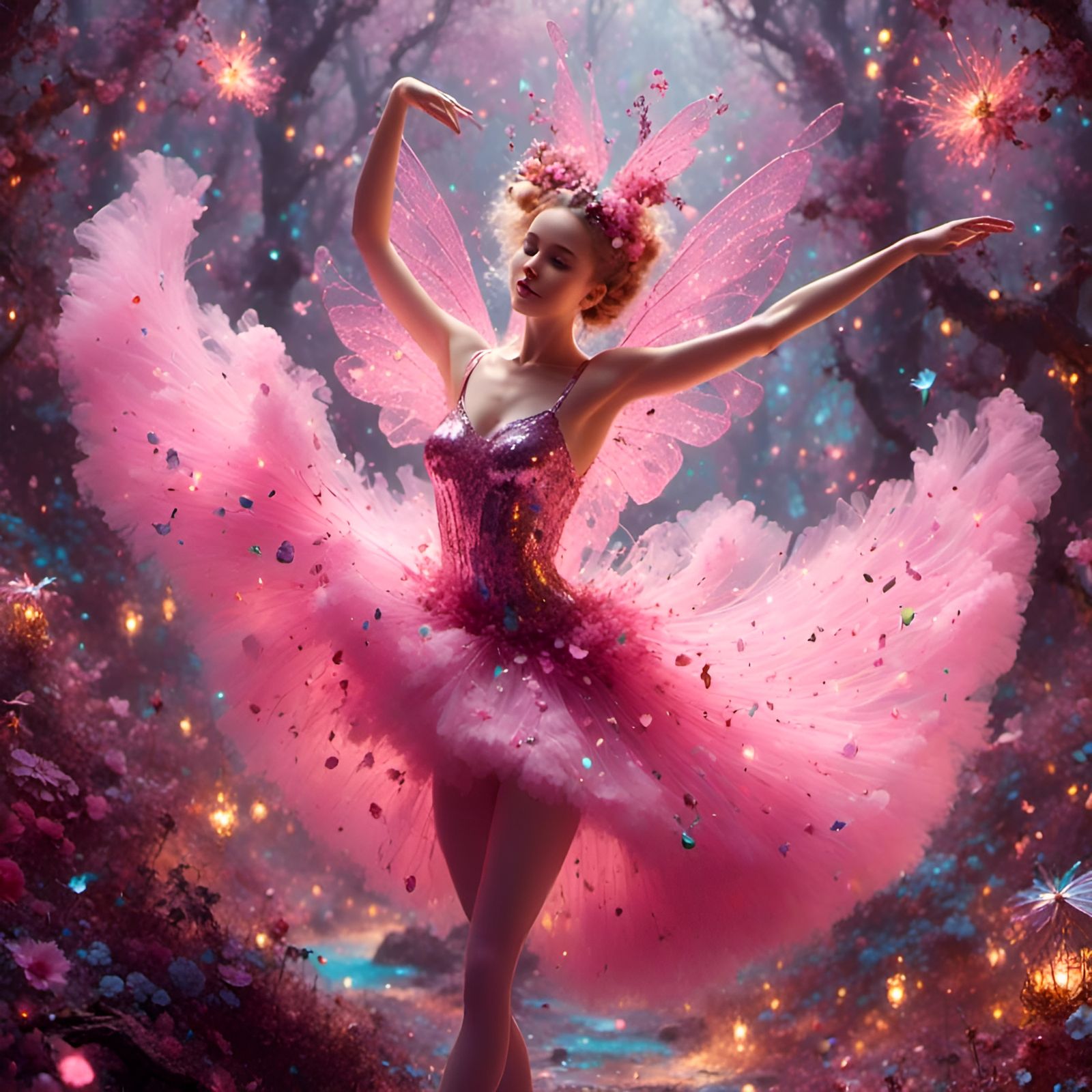 <lora:PurpleFantasy:1.0> <lora: sugar plum fairy in pink tut...