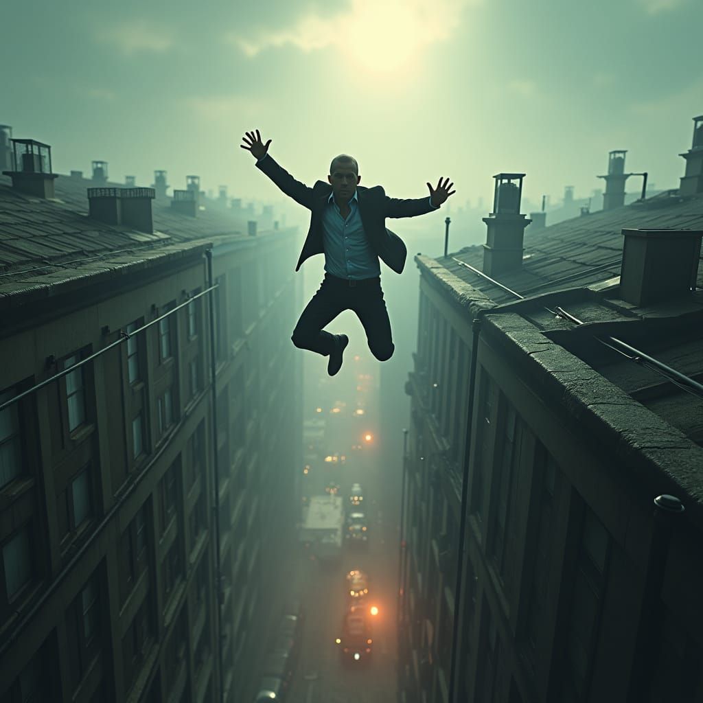 Dystopian Hero Leaps Across City Rooftops