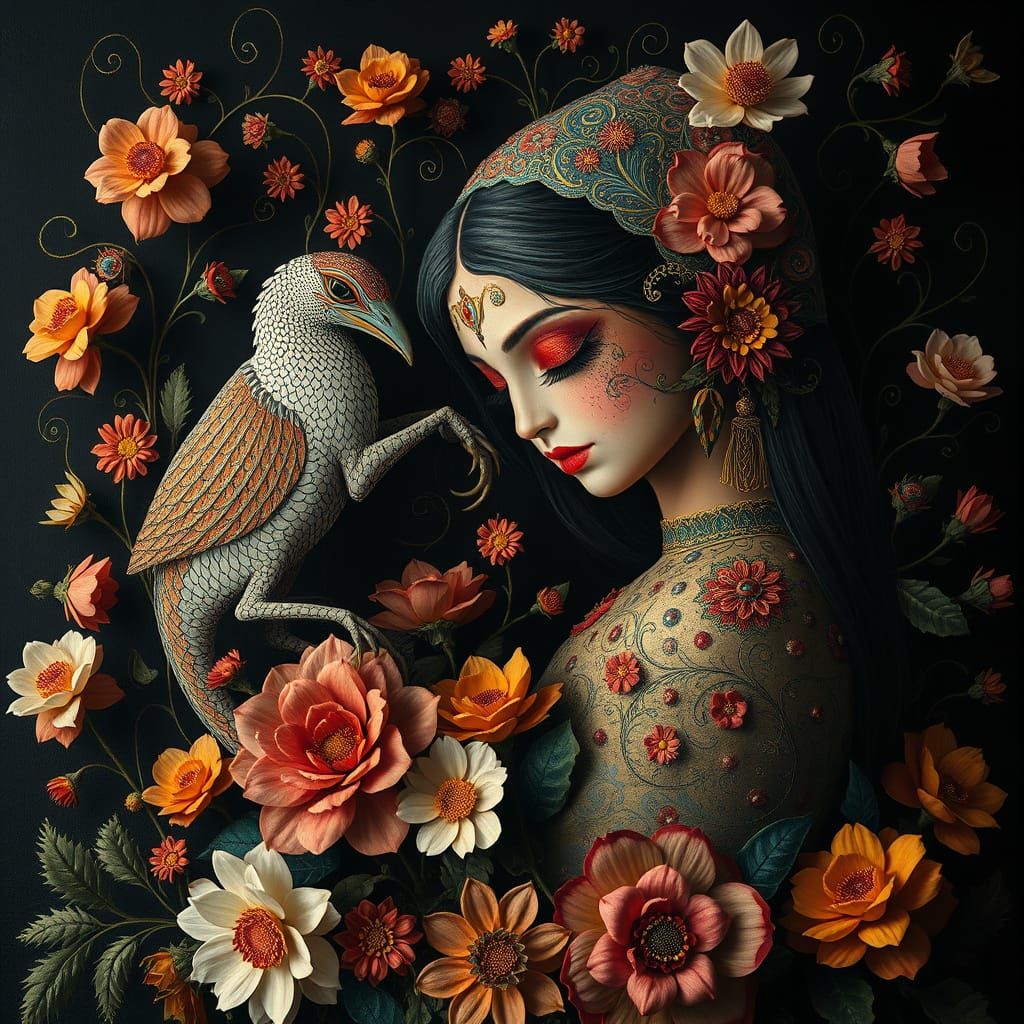 Whimsical Folk Art Scene with Intricate Details and Vibrant ...