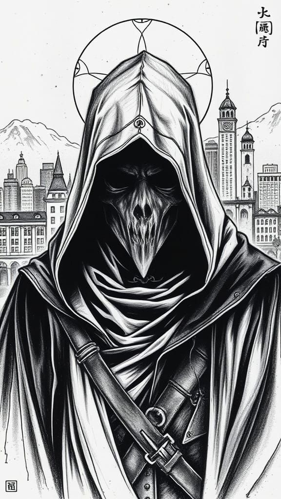 Cyberpunk Assassin in Ancient Japanese Cityscape