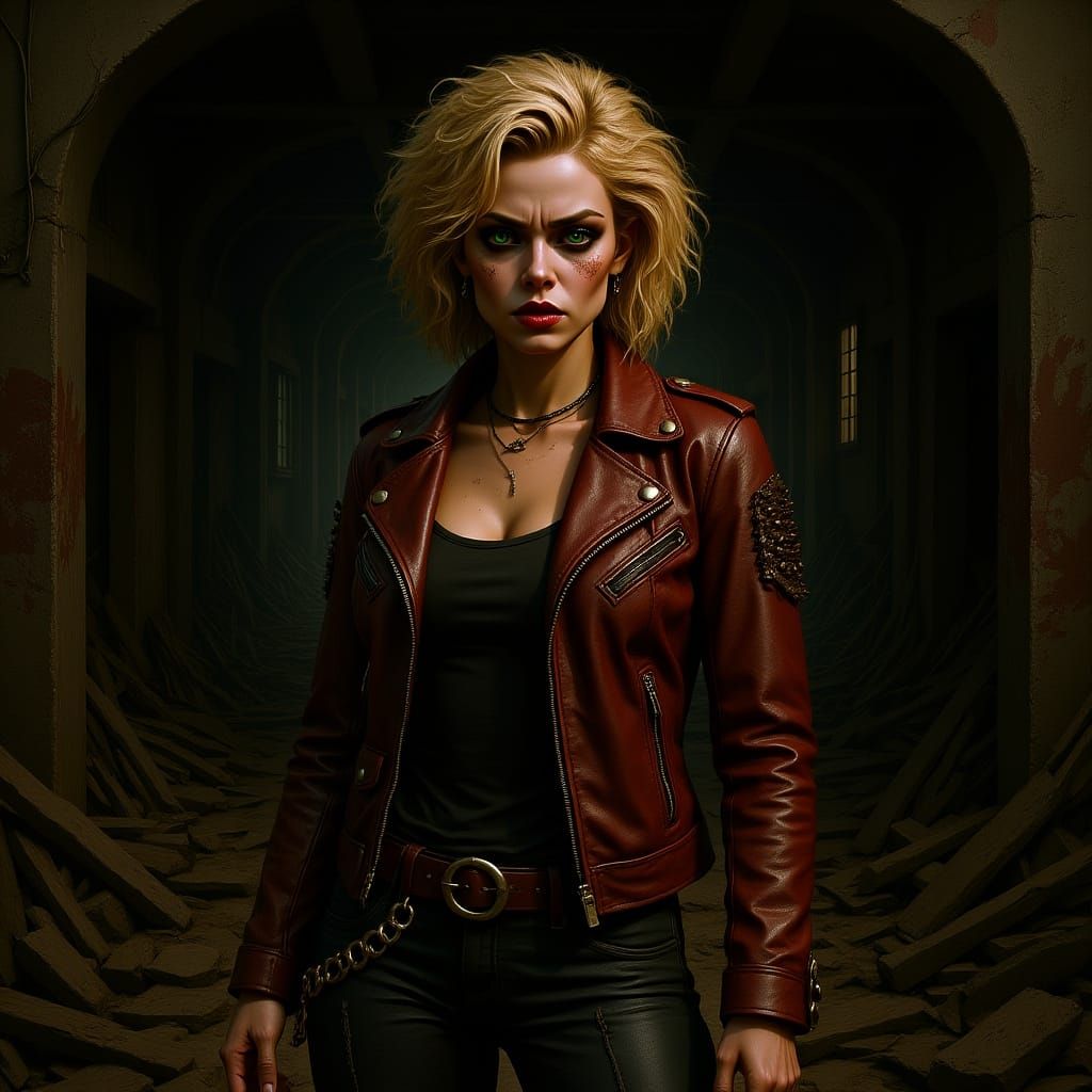 Post-Apocalyptic Punk Woman in Gritty Matte Painting Style