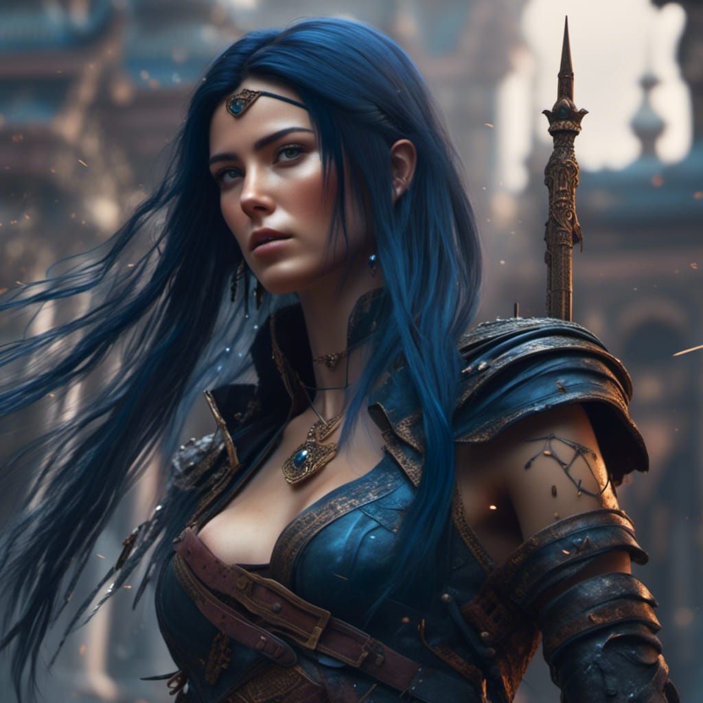 Sensual Female Assassin with Long Black-Blue Hair