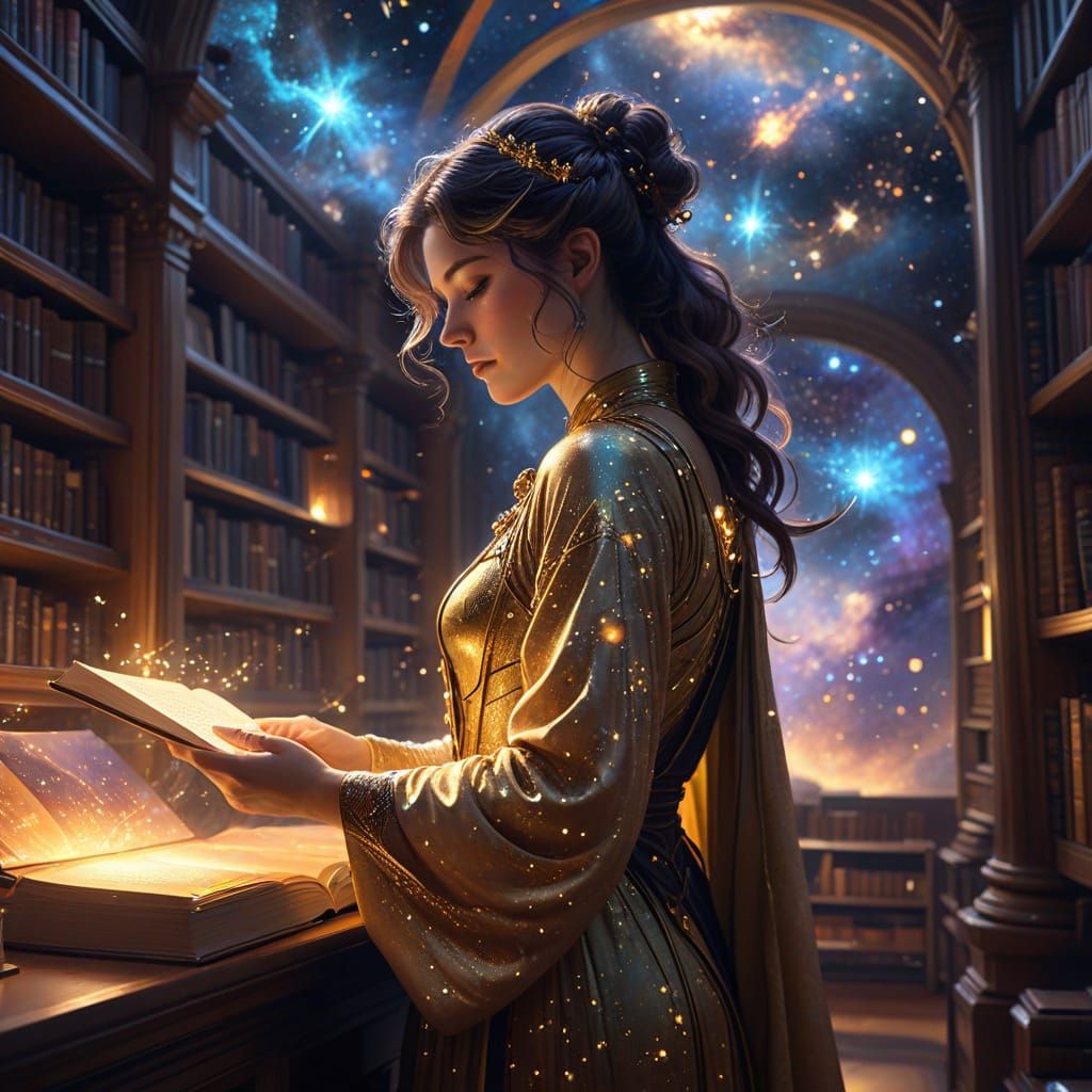 Celestial Librarian in Nebula Library: Fantasy Illustration