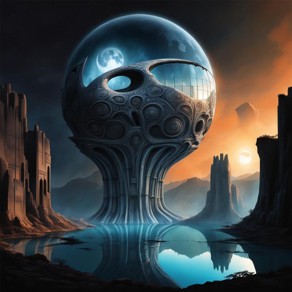 Surreal Floating Islands Under Moonlight in Giger Style