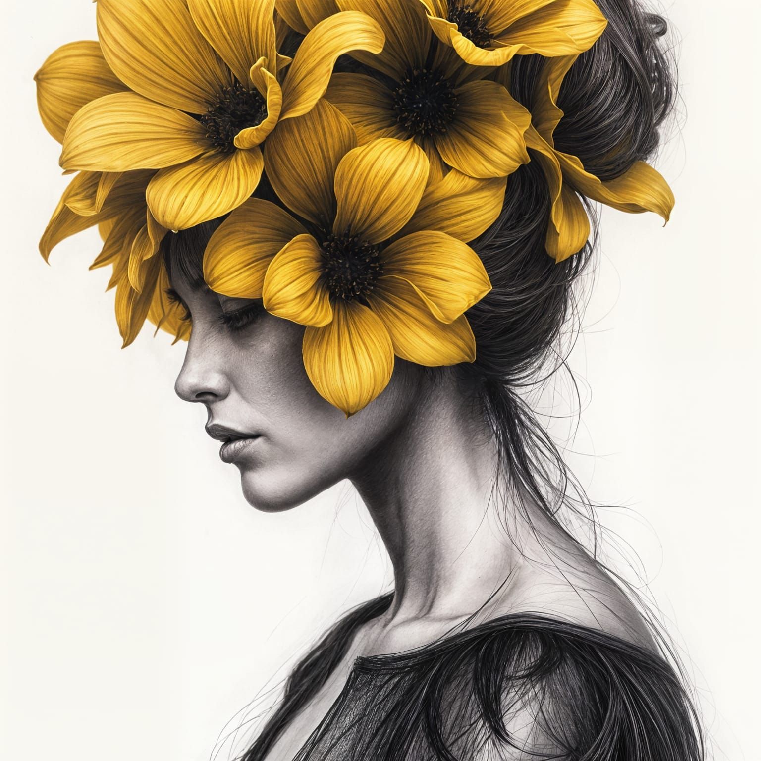 Woman in Profile with Yellow Flowers, Charcoal Drawing