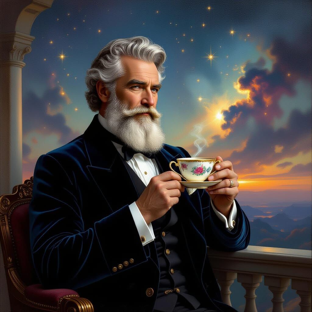 Gentleman with Celestial Teacup Overlooking Nebula
