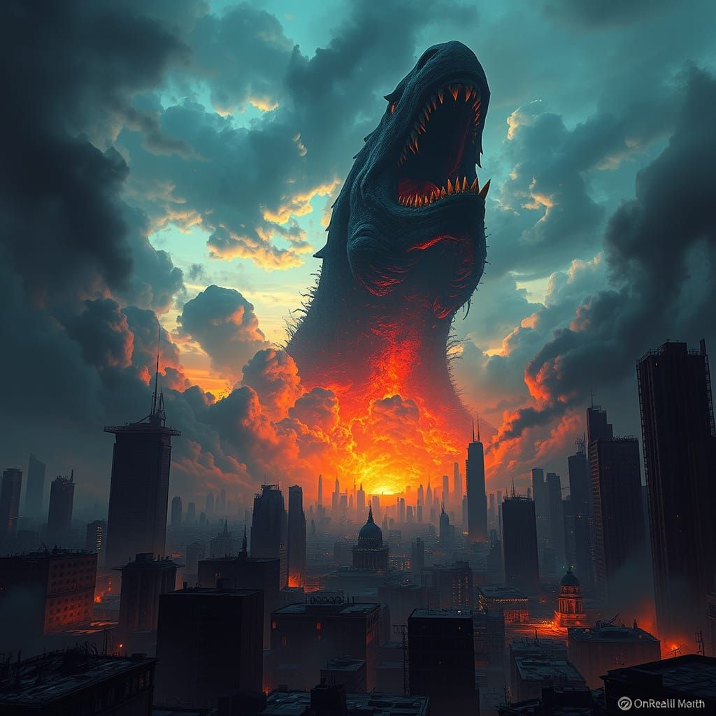 Apocalyptic Behemoth Rises Amidst Ruined Skyscrapers in a Da...