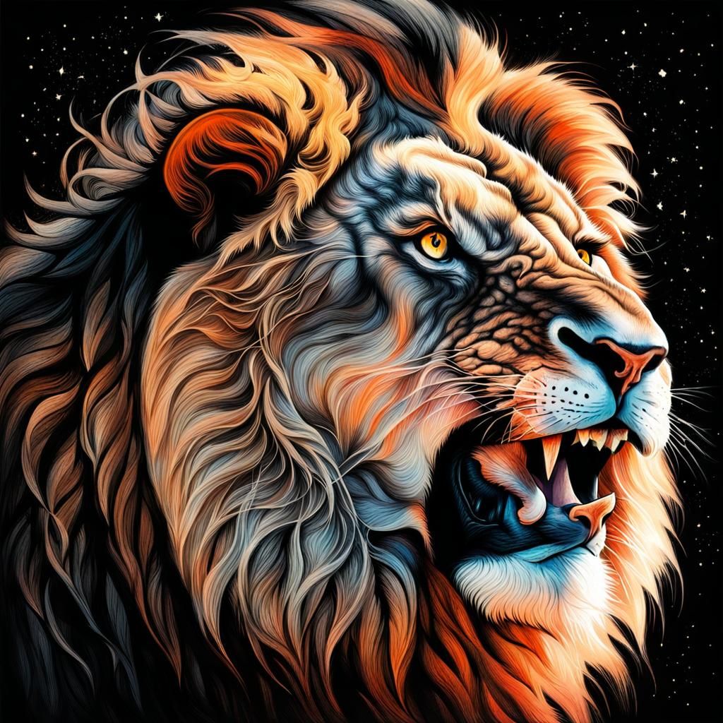 Majestic Celestial Lion in Bioluminescent Charcoal