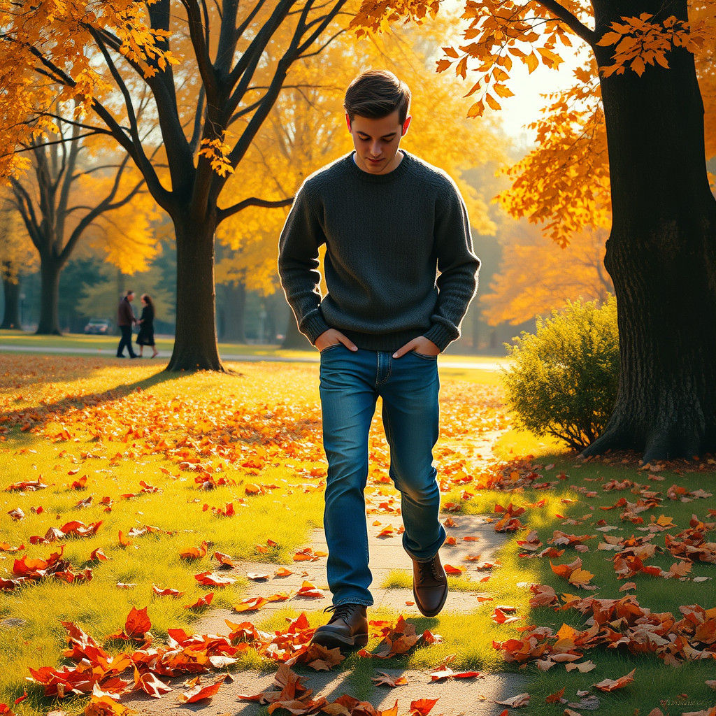 Autumnal Impressionist Scene of Man Collecting Leaves