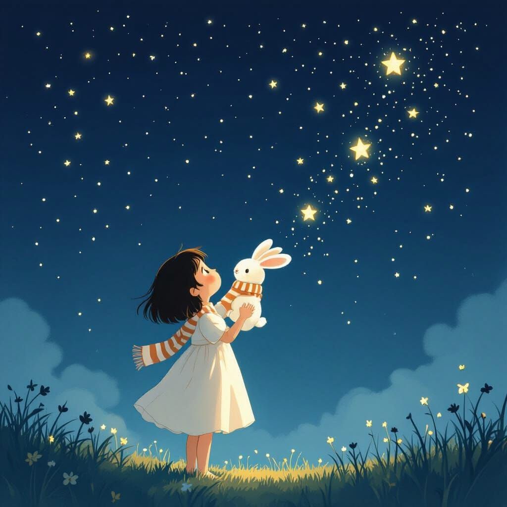 Girl and Bunny Ascend into Starry Night Sky