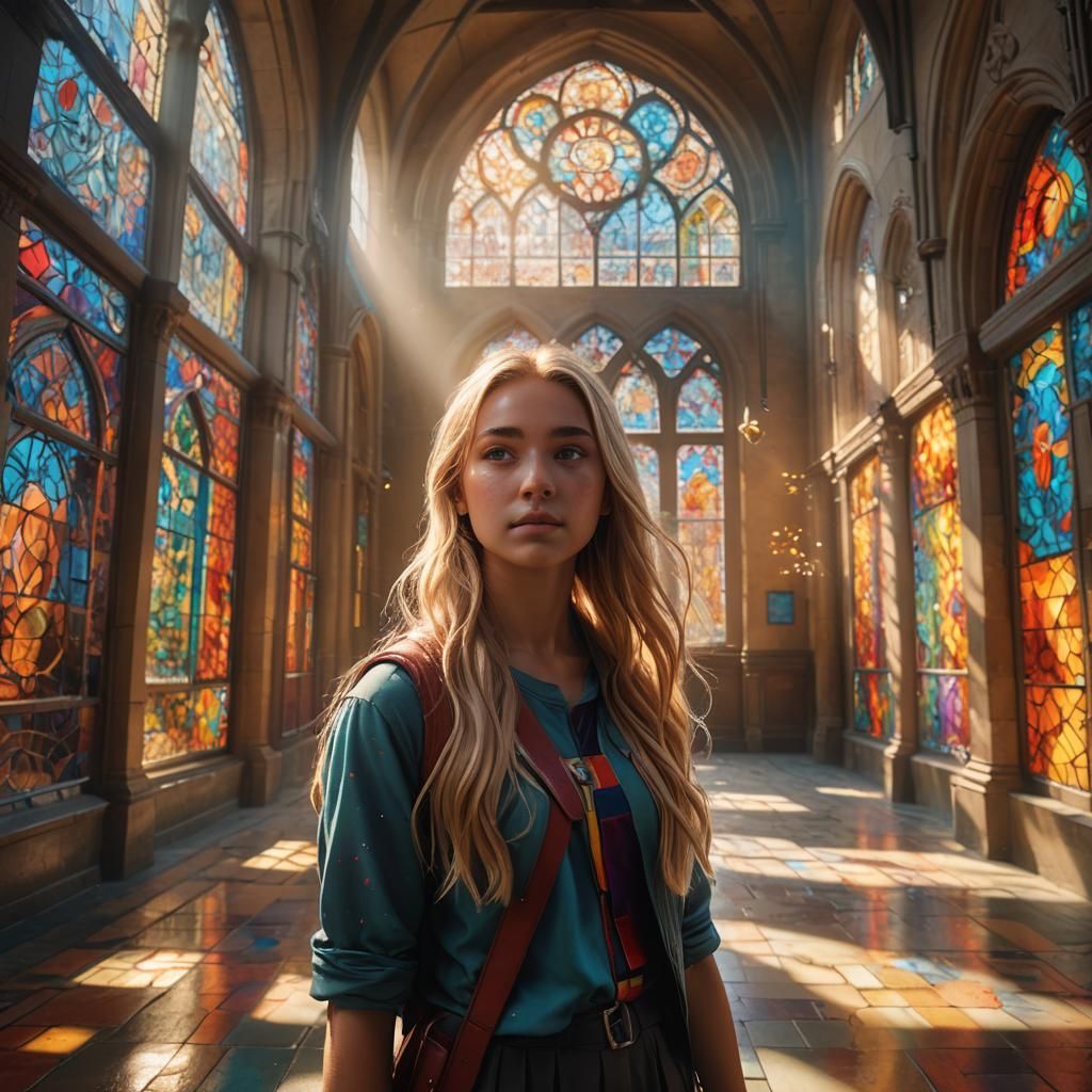 Girl in School Hallway with Sunlight, Fantasy Art