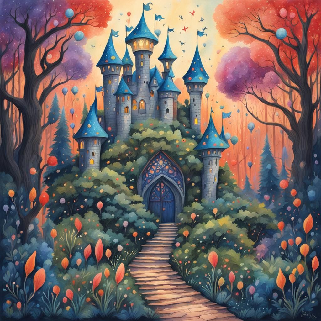 Whimsical Forest Castle with Fairy Lights in Gouache