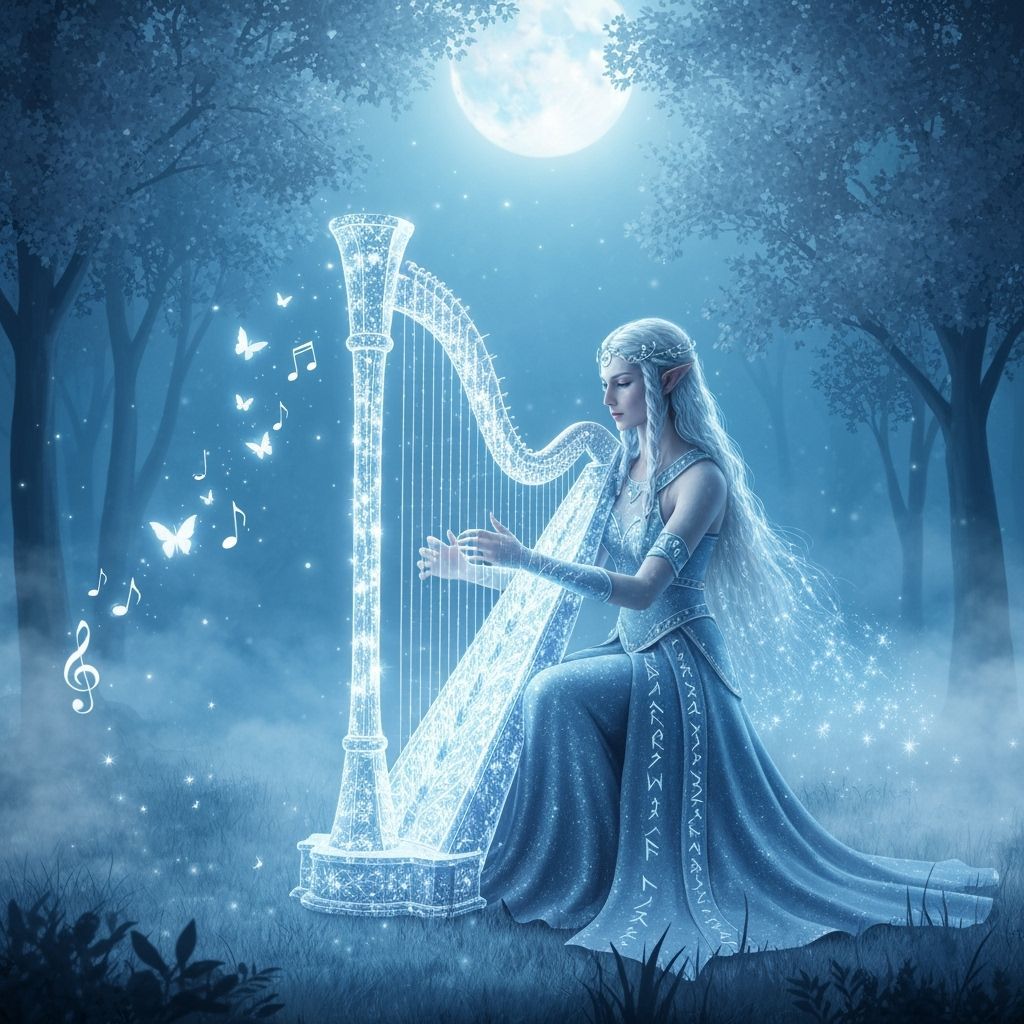 Elven Musician Plays Starlit Harp in Misty Forest