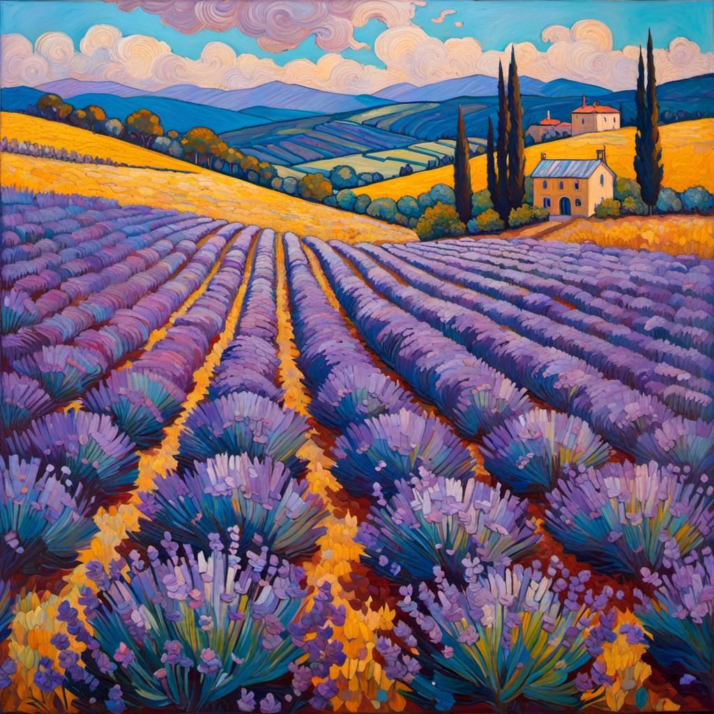 Encaustic Impasto Lavender Fields in Provence