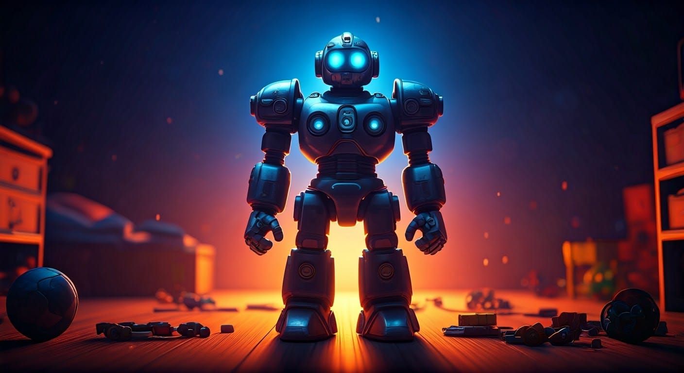 Futuristic Robot Action Figure in Pixar-Inspired Bedroom