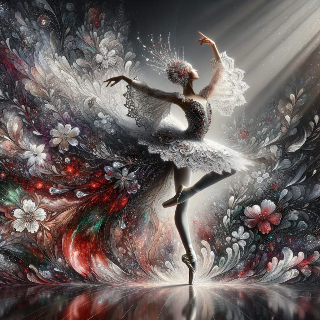 Ballet Dancer in Lace Dress Amidst Floral Garden
