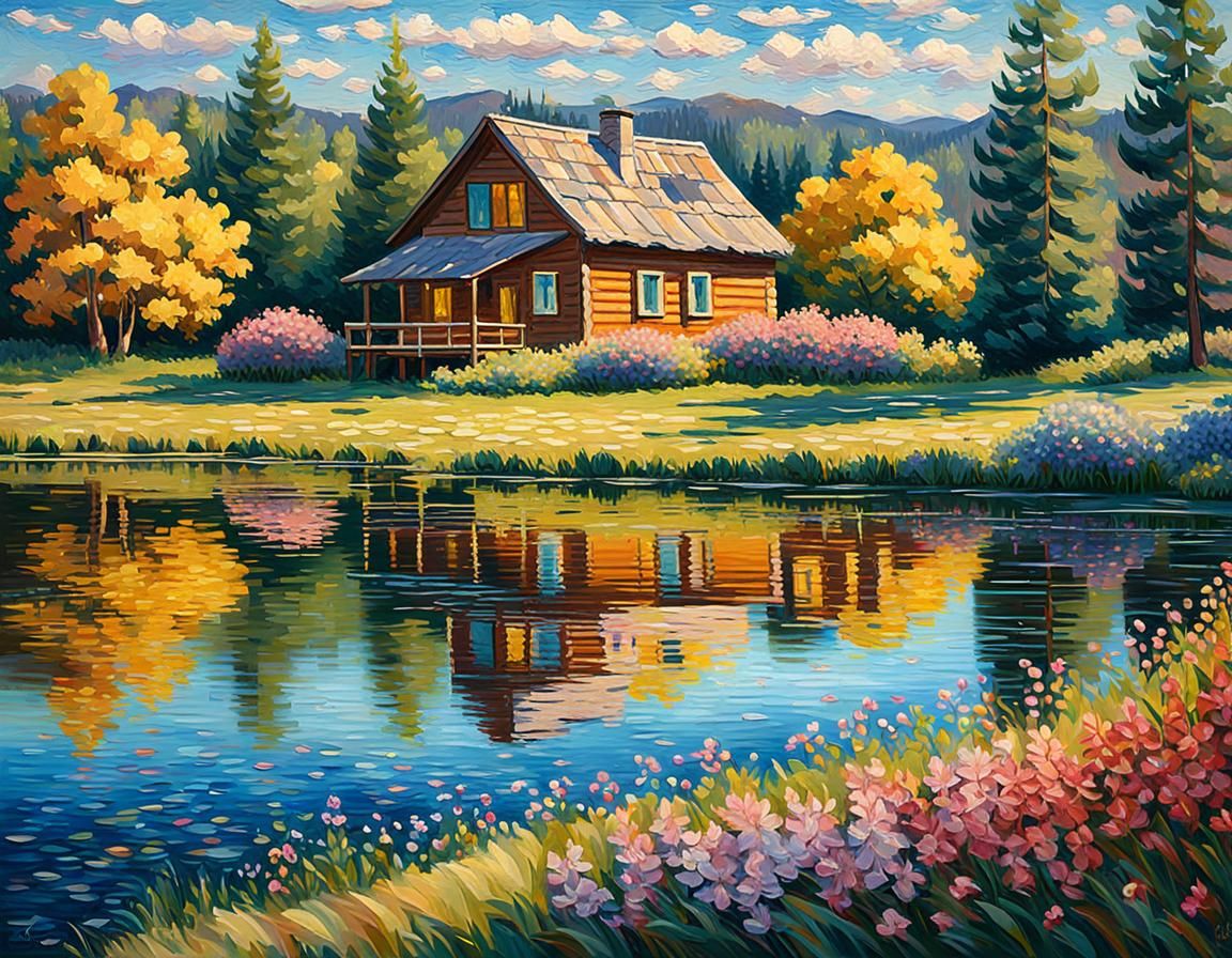 Impressionistic Landscape with Lake and Cabin in Pointillist...