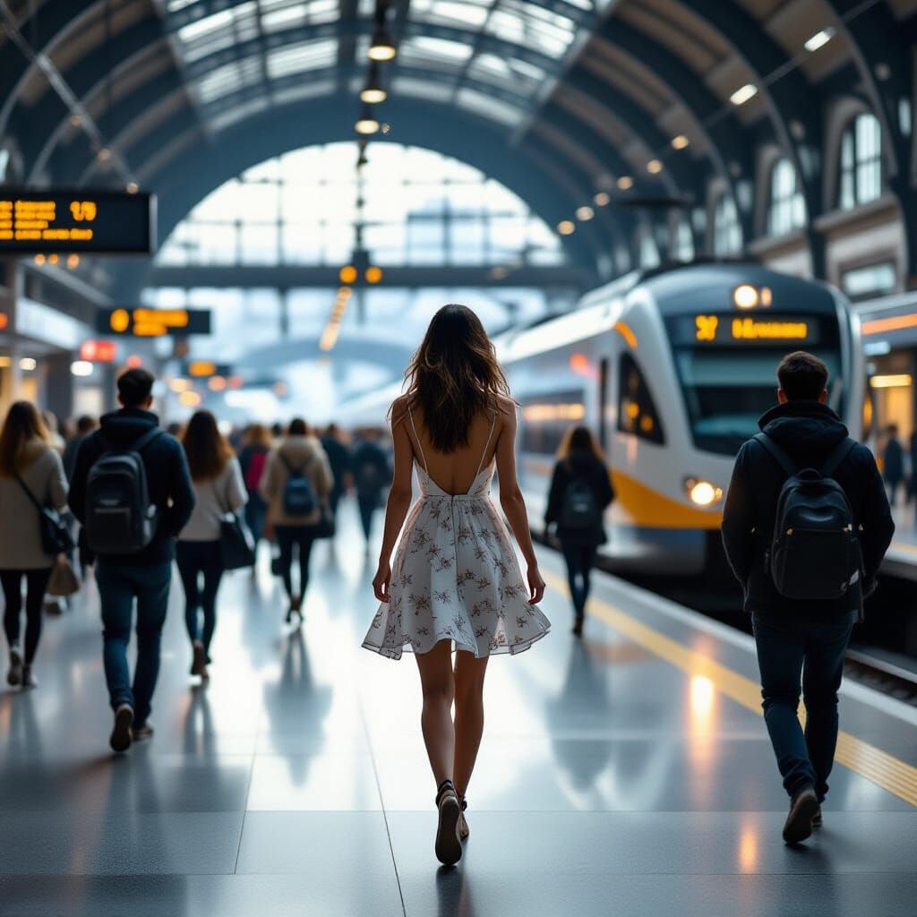 Woman in Flowing Dress at Train Terminal