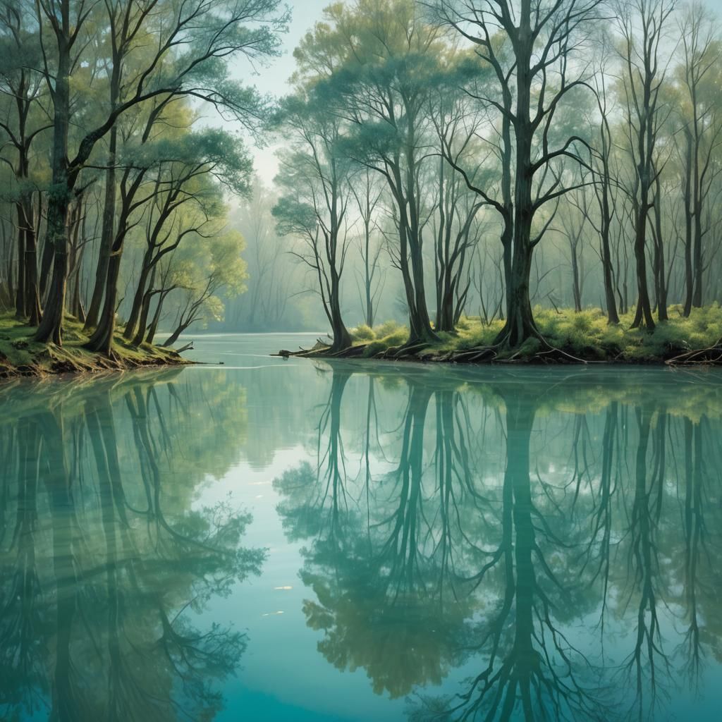 Turquoise Pond Reflection in Surrealist Landscape