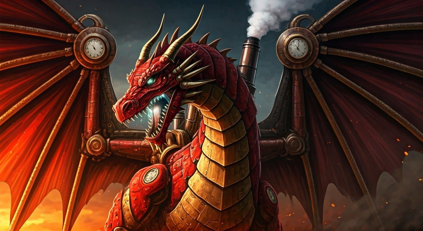 Crimson Clockwork Dragon with Steampunk Jetpack