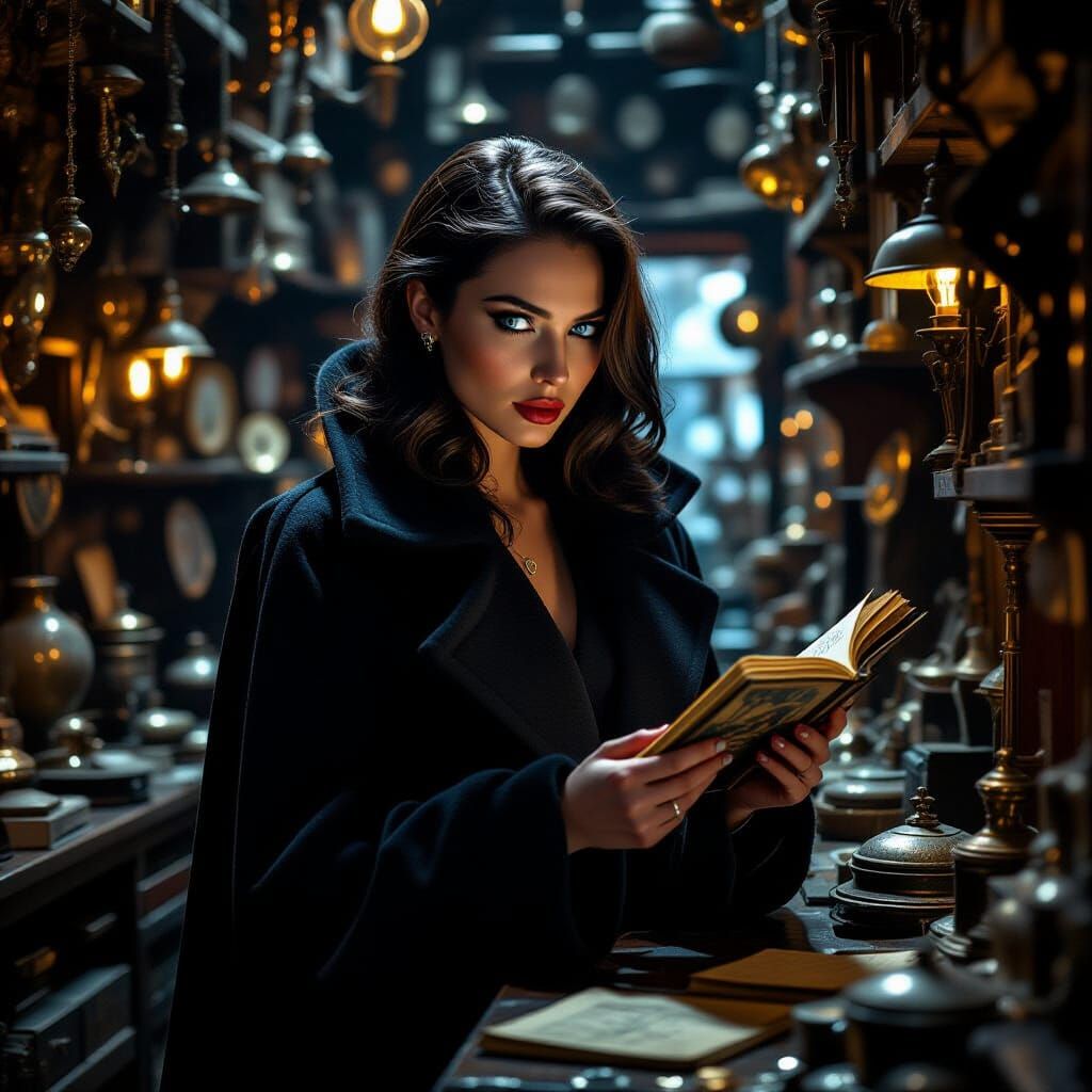 Mysterious Woman Examines Artifact with Noir Glamour