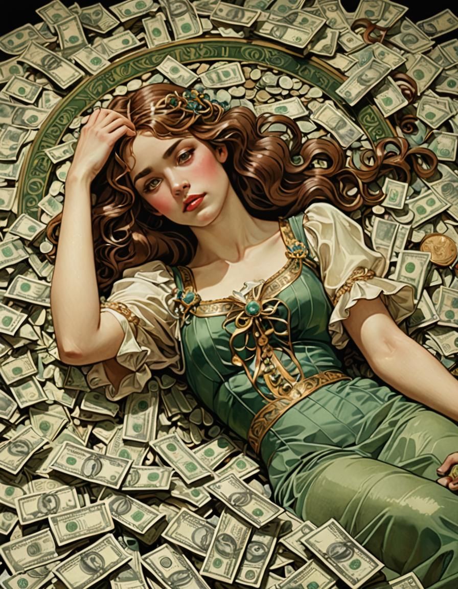 Art Nouveau Woman in Pile of Money