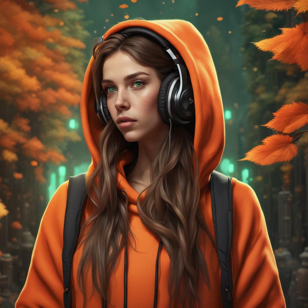 Girl in Orange Hoodie: Fantasy Concept Art