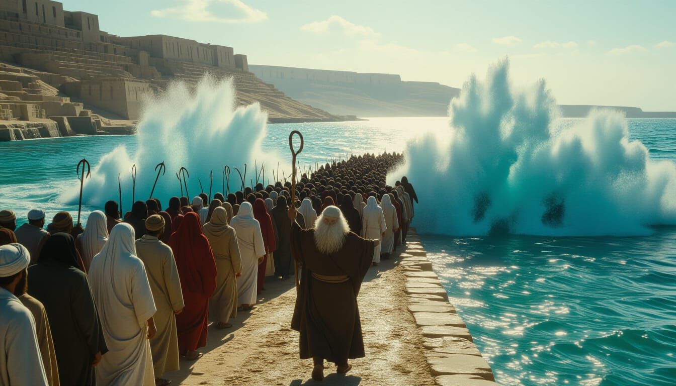 Israelites Cross Red Sea on Dry Ground in Epic Film Still