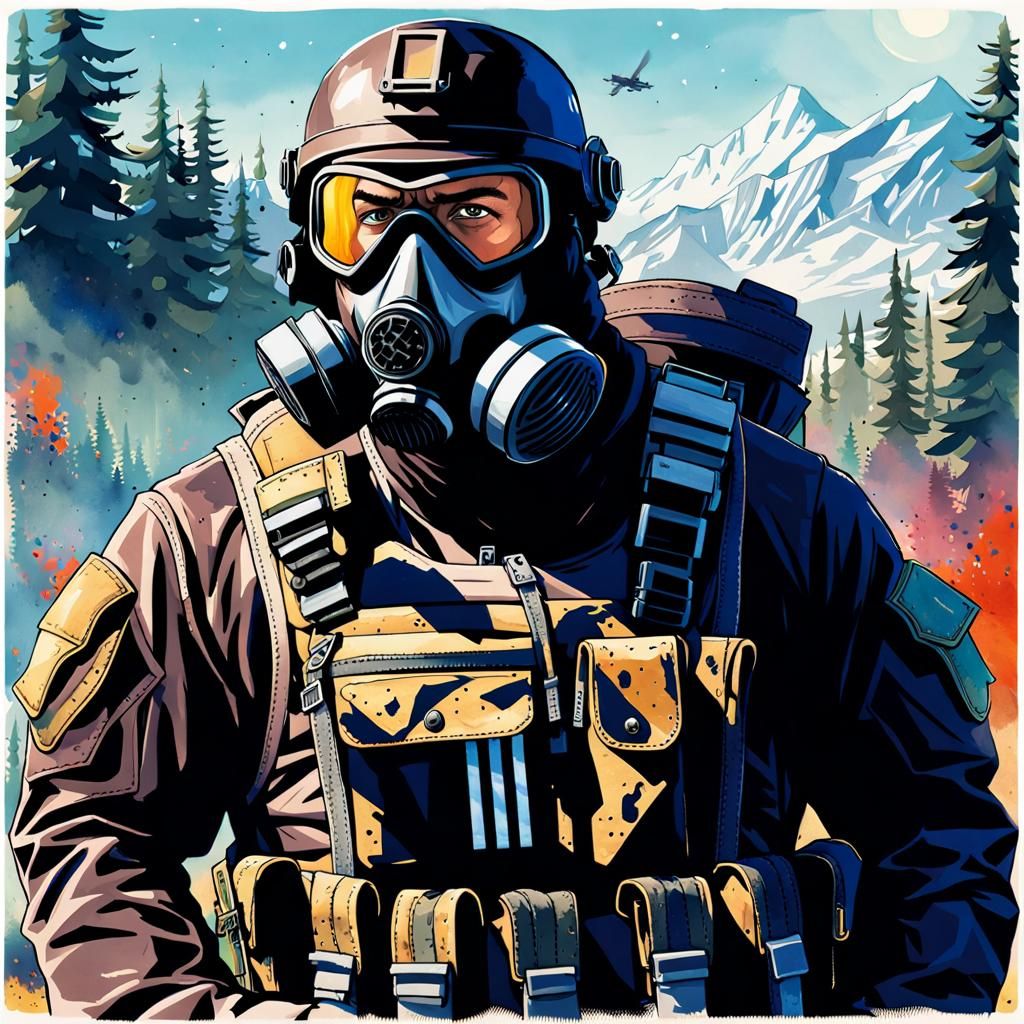 Armored Spetznaz Juggernaut Portrait in Watercolor Style