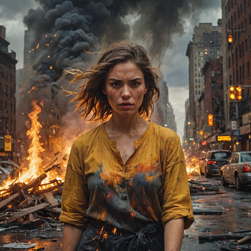Woman in Burning City: Dramatic Oil Painting