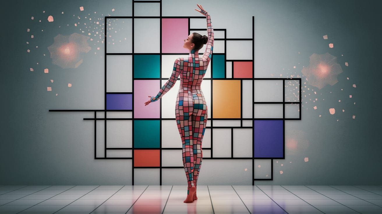 Geometric Fusion: Woman Merging with Mondrian-Inspired Art