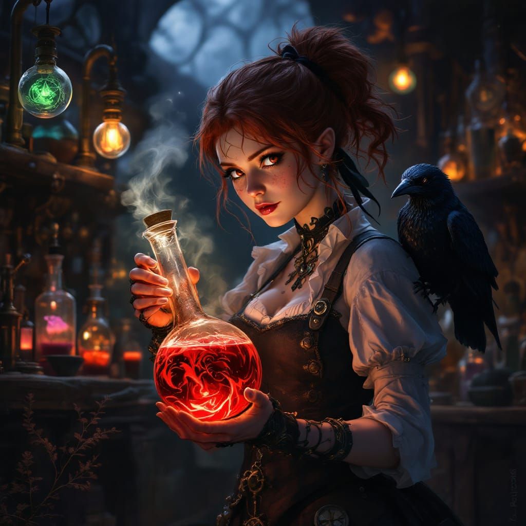 Gnomish Alchemist in Moody Steampunk Workshop