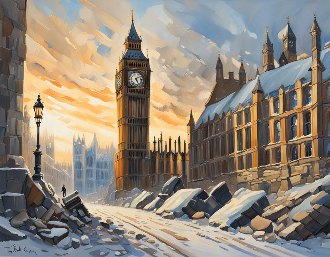 Warm Gouache Masterpiece of Ruined Big Ben Amidst Snowy Land...