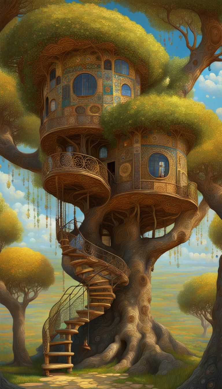 Elliptical Treehouse in Klimt Style Oil Painting