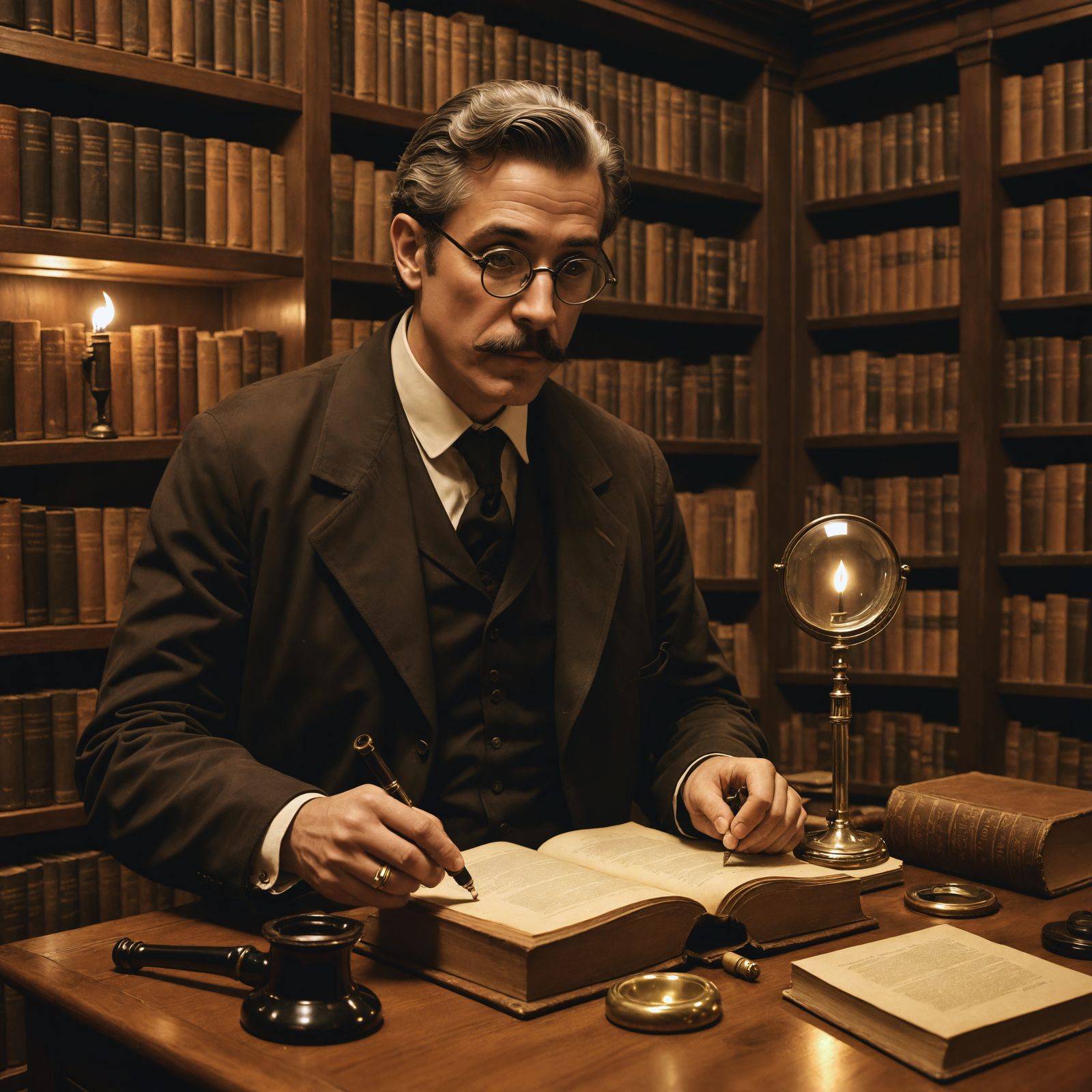 Vintage Library with Pipe and Magnifying Glass