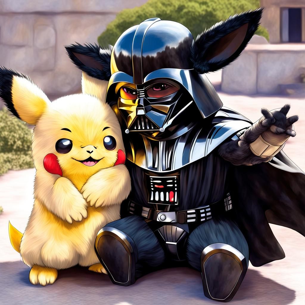 Giant Pichu Hugs Darth Vader on Sunny Day