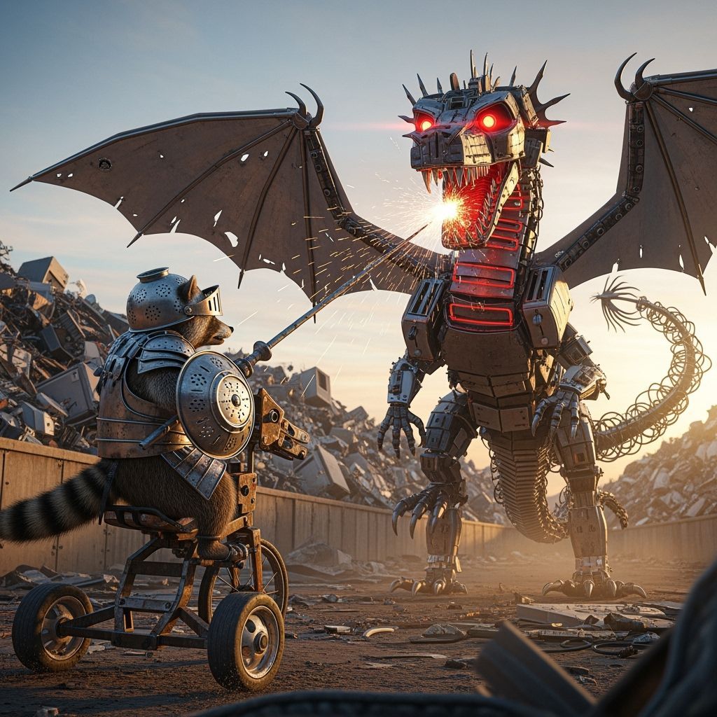 Raccoon Knight Jousts Toaster Dragon in Scrapyard Arena