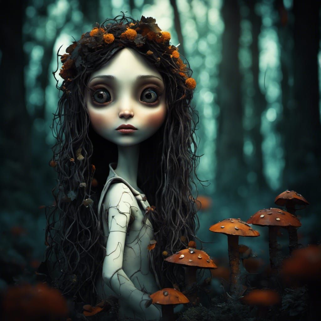 Surreal Doll in Forest, Tim Burton Style