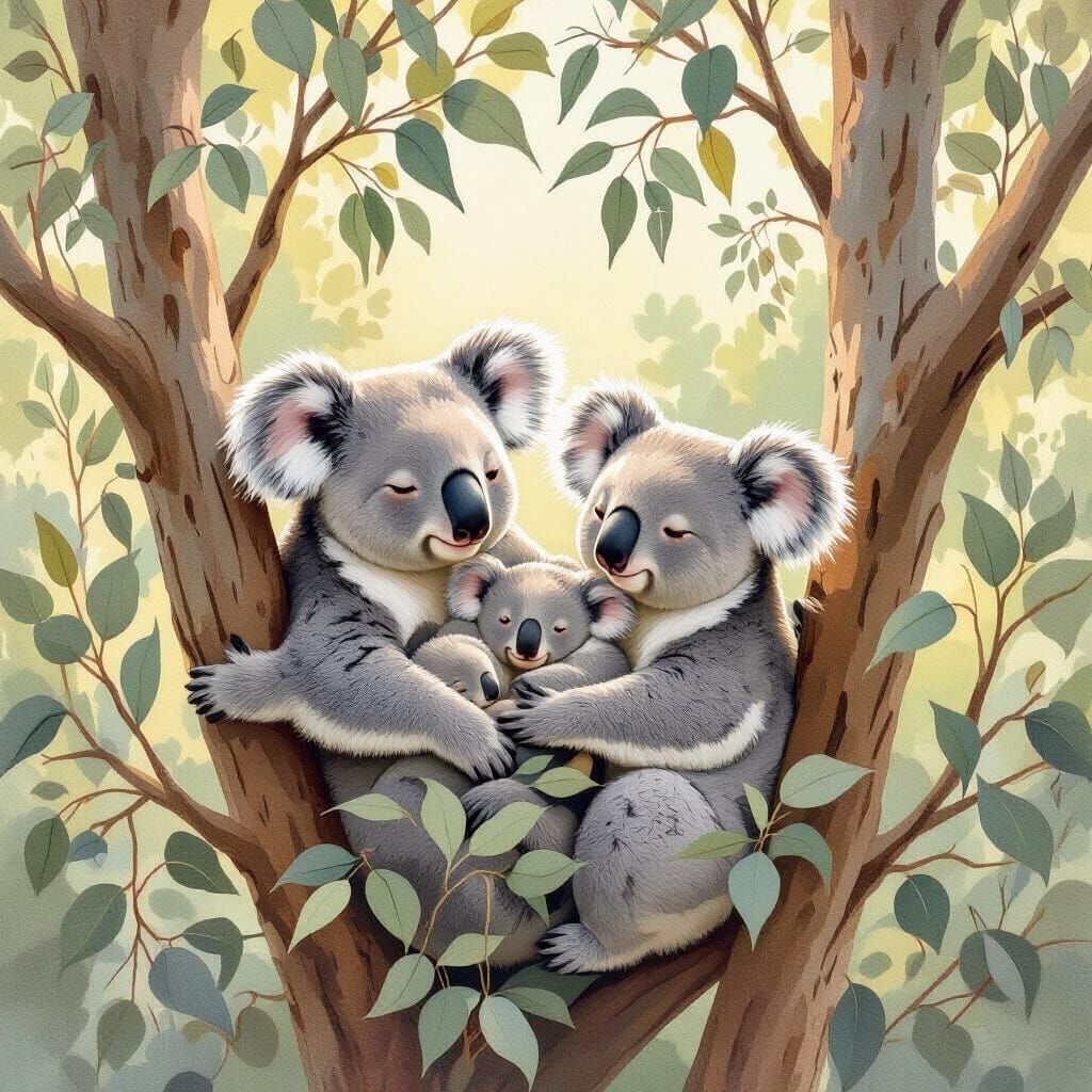 Koalas Cuddling in Eucalyptus Trees: Watercolor Illustration