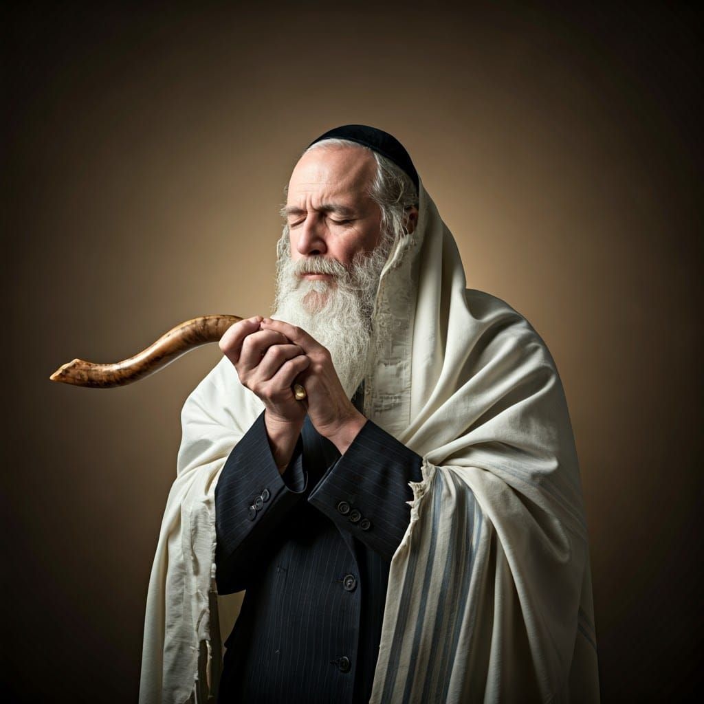 Devout Hasidic Jew Blows Shofar in Serene Studio Setting