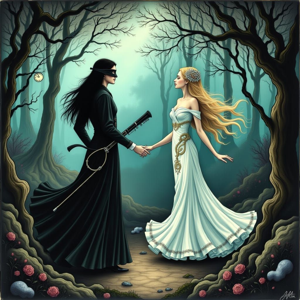 Masquerade Ball in Bioluminescent Grotto, Art Nouveau Style