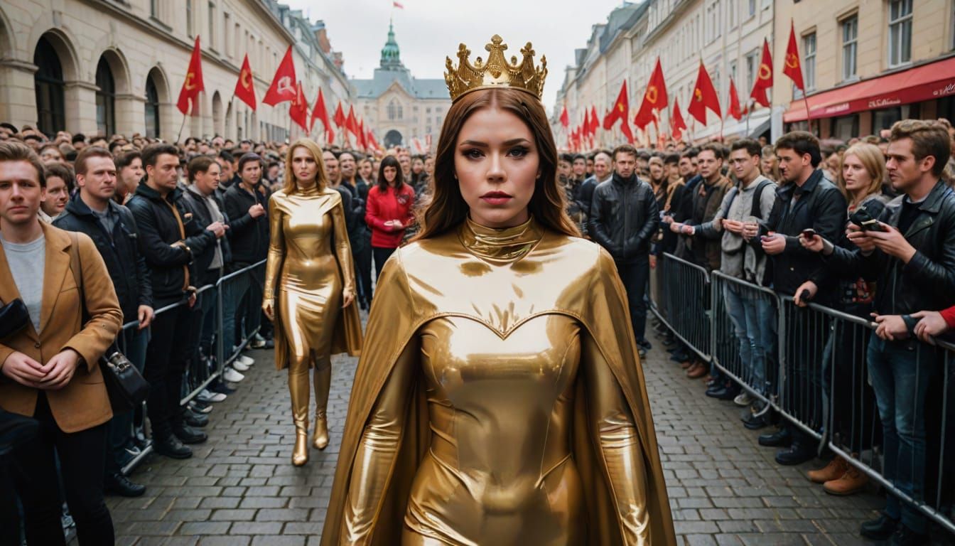 Gold Latex Goddess Reigns in Vibrant Fantasy Scene