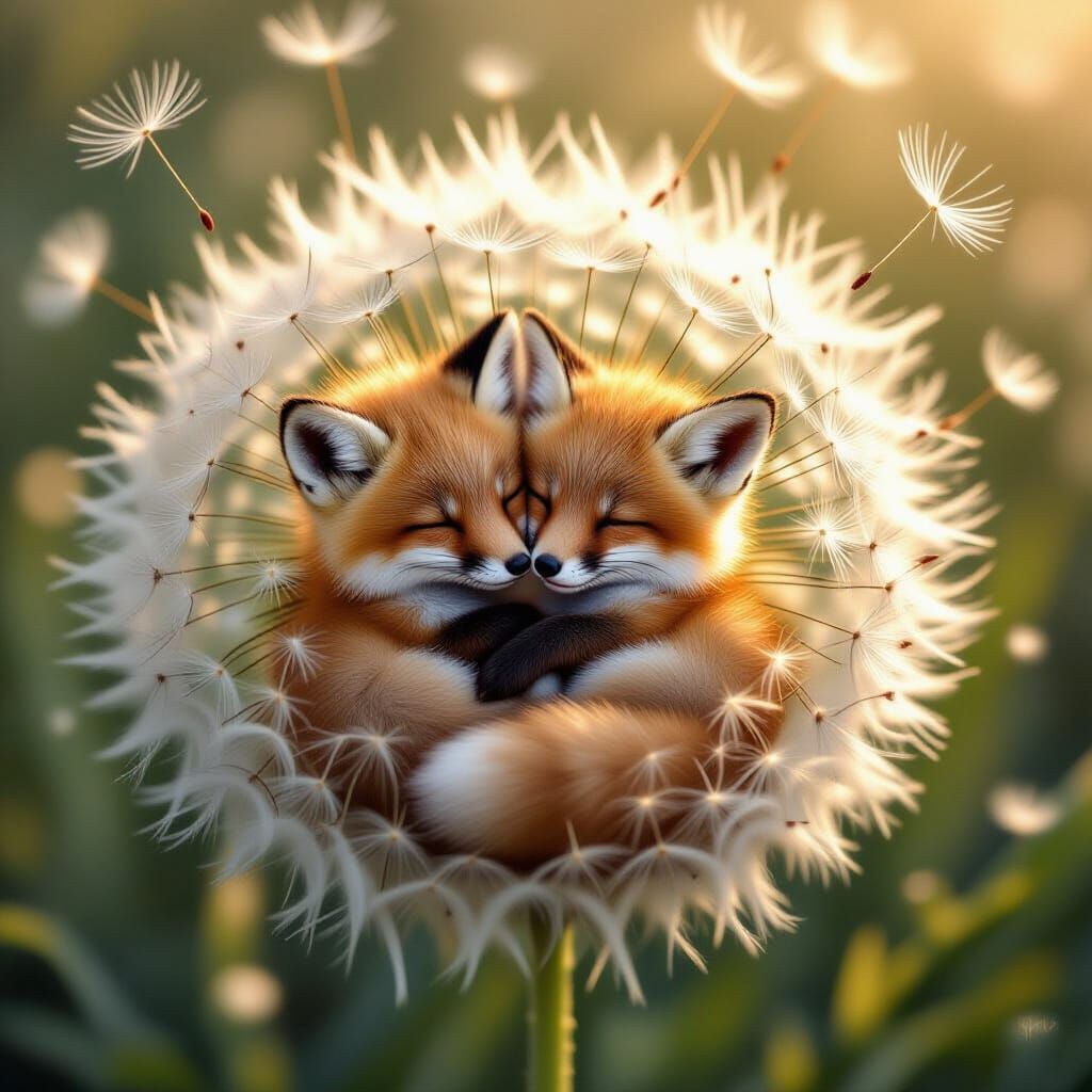 Fox Cubs Cuddling in Dandelion, Photorealistic Style