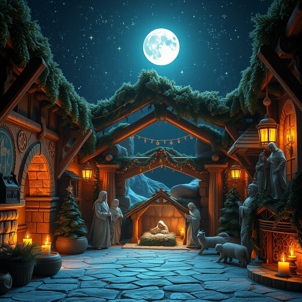 Majestic Moonlit Christmas Nativity Scene in Photorealistic....