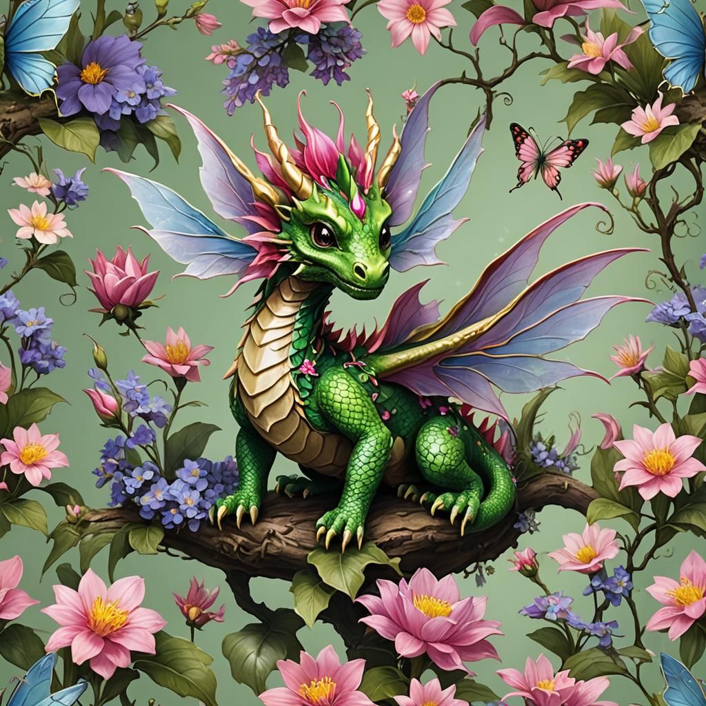 Enchanting Fairy Dragon in a Flower Garden