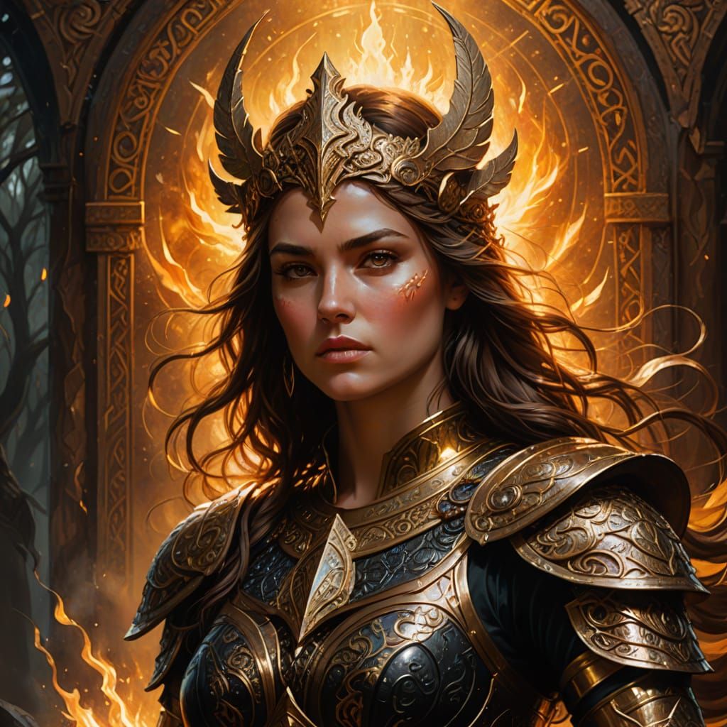 Goddess of Elements in Bronze Armor: Oil Painting
