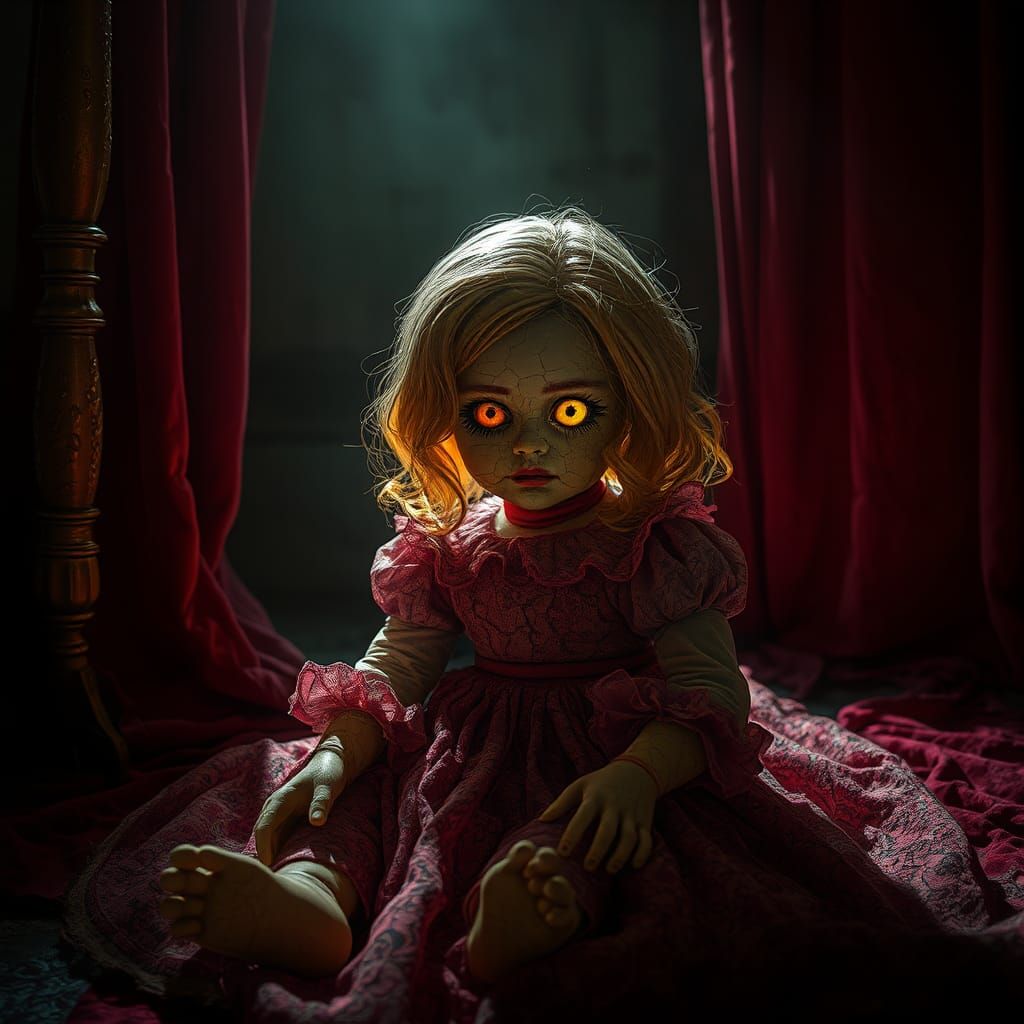 "A dusty old doll with cracked porcelain and bright eyes, si...