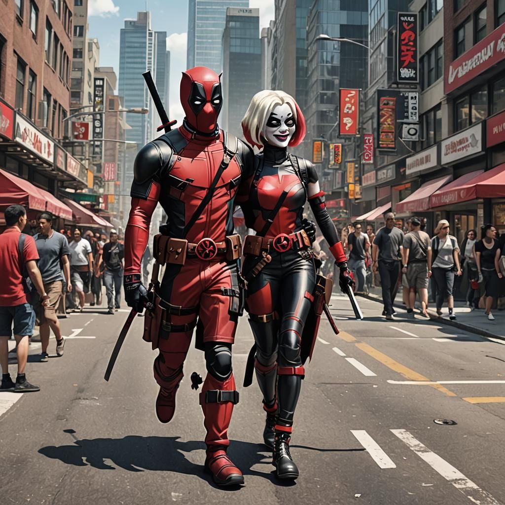 Deadpool and Harley Quinn Stroll Through City