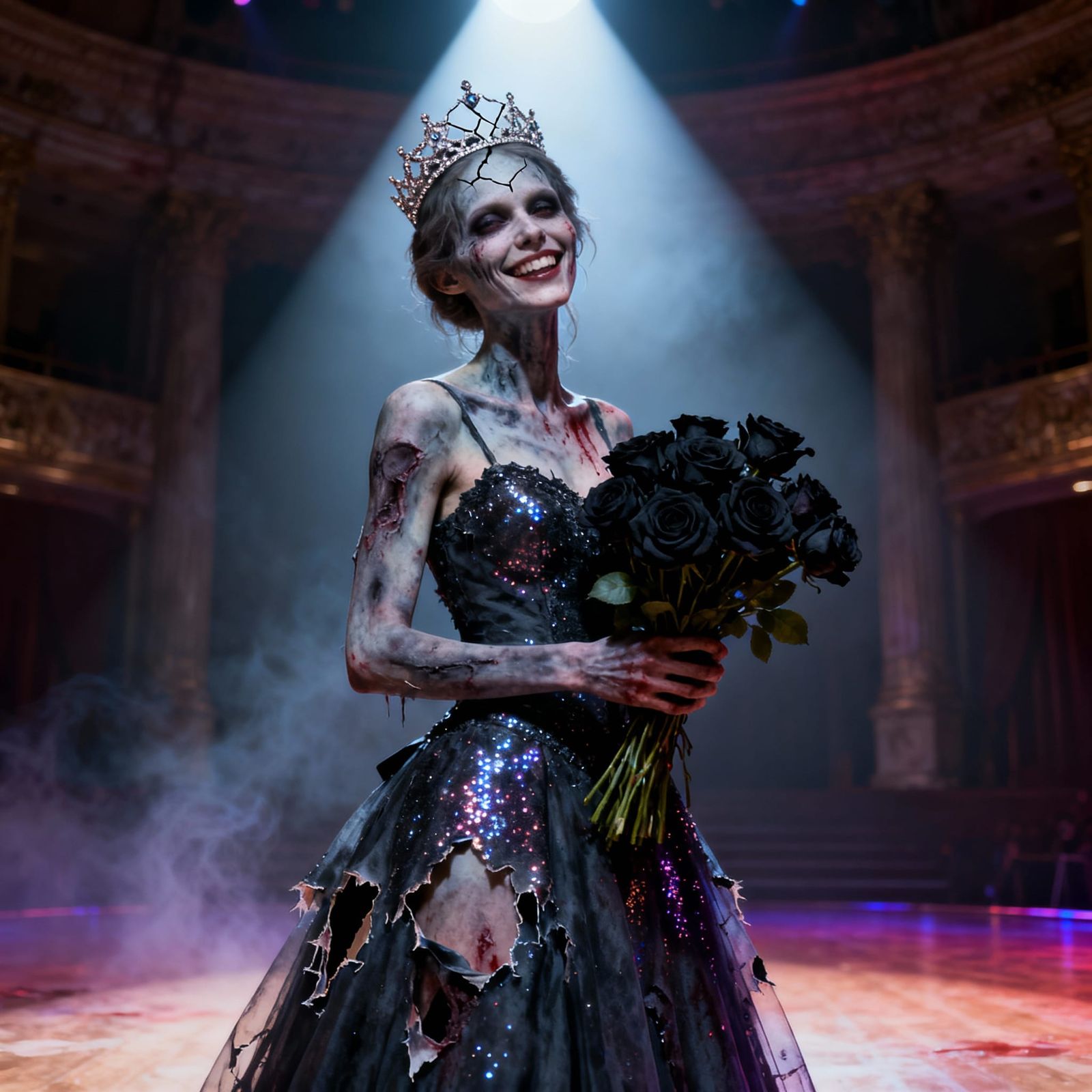 Undead Prom Queen On Stage With Black Roses